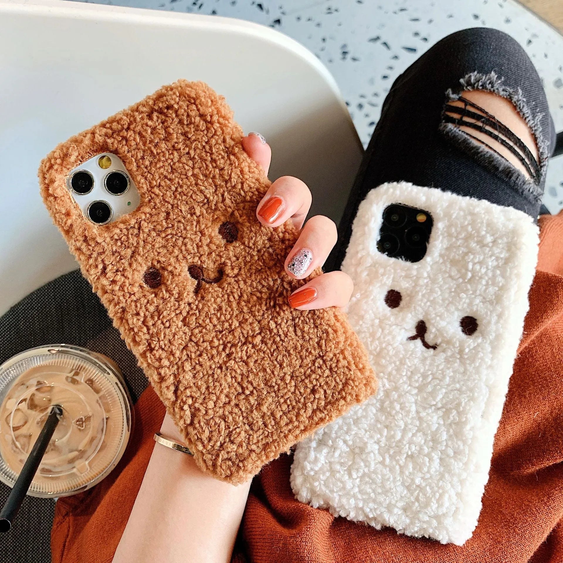 Embroidery plush cartoon bear face iPhone case on TPU material in brown and white colour options