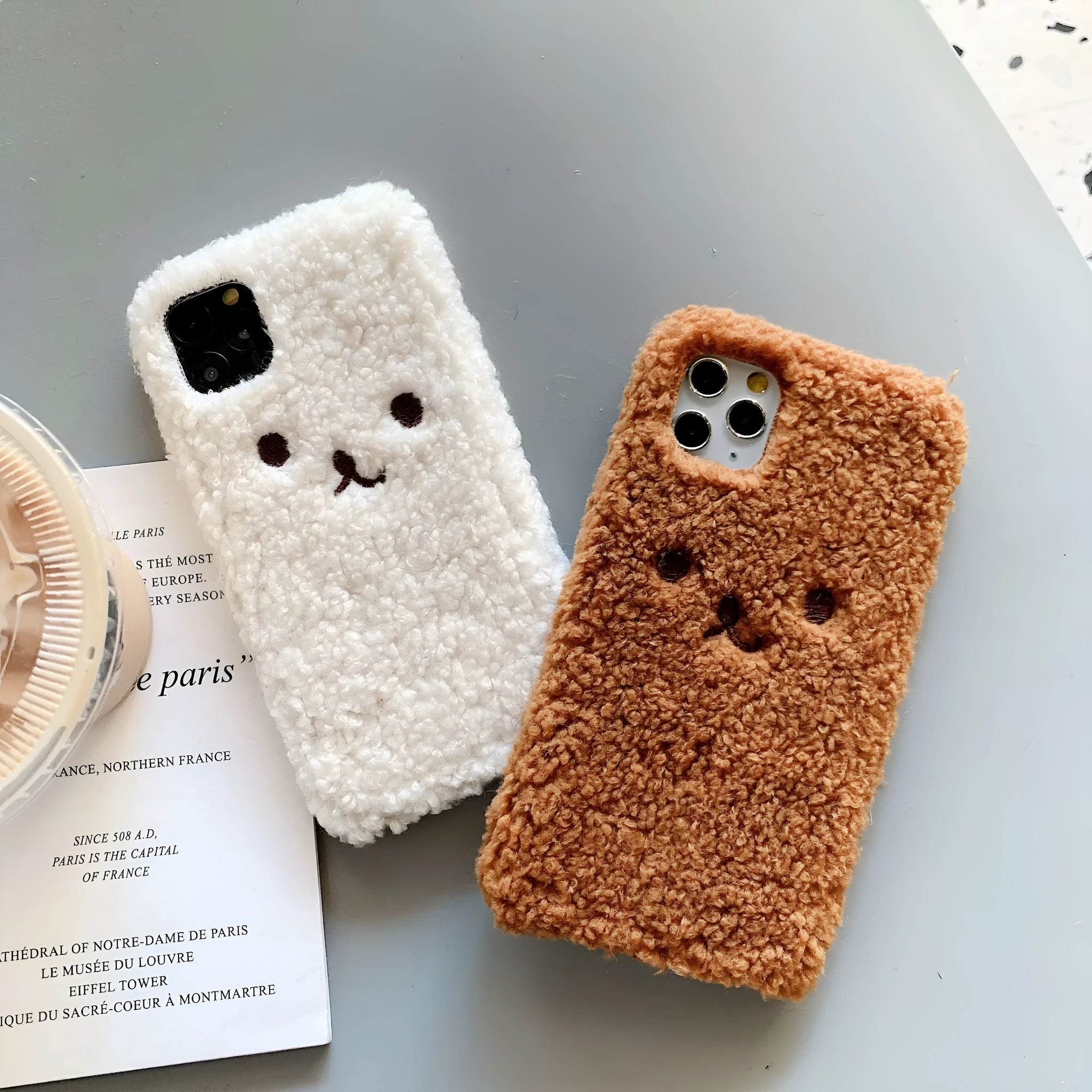 Embroidery plush cartoon bear face iPhone case on TPU material in brown and white colour options