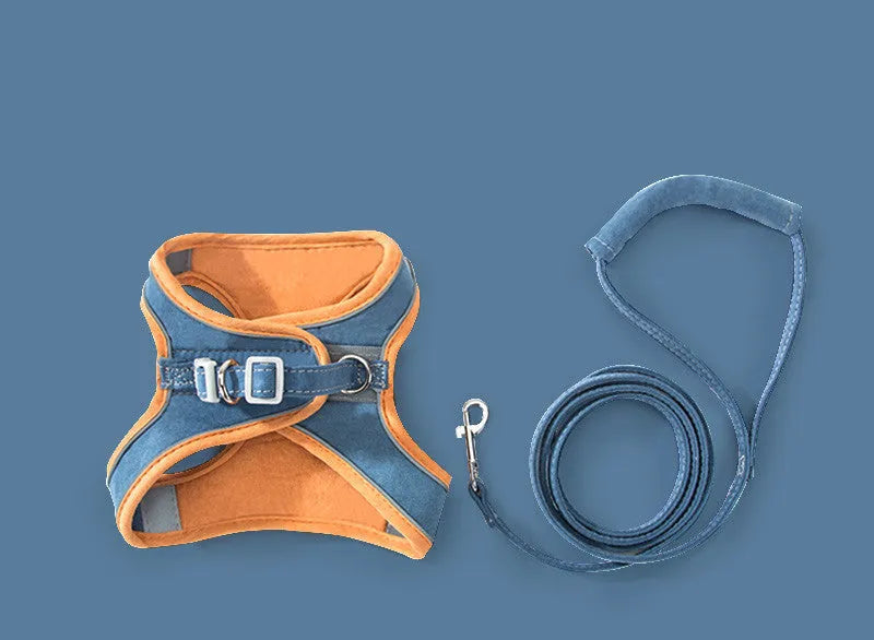 Cat traction rope chest strap in deerskin velvet with reflective stitching, showing 360-degree wrap design
