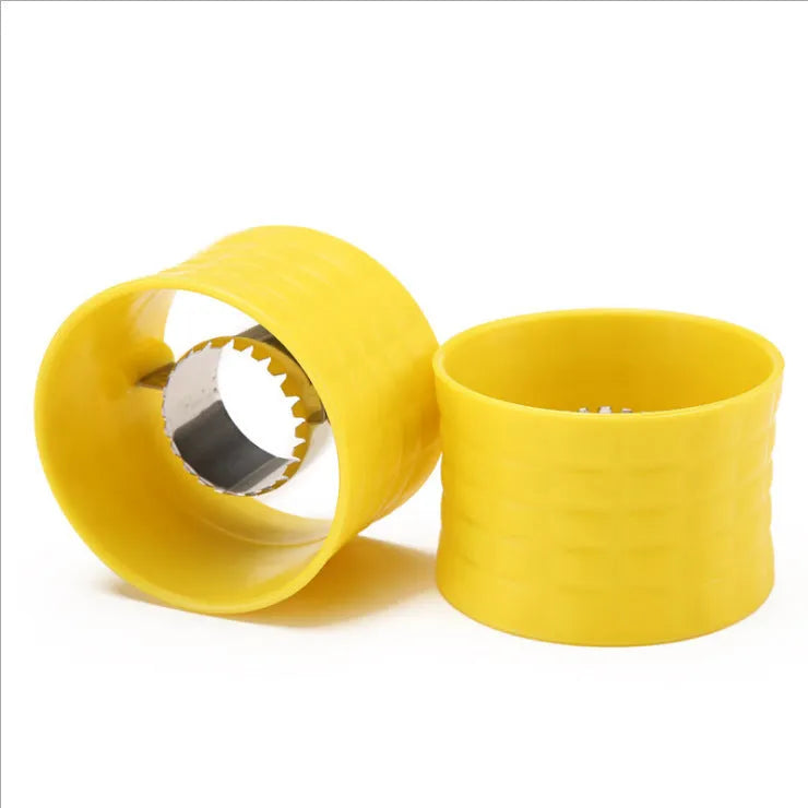 Yellow manual corn grinder thresher with corn-shaped PP handle and stainless steel shelling gear.