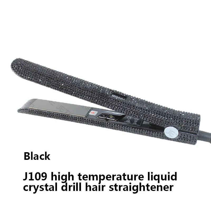 Electric hair straightener with diamond-studded plates and tourmaline ceramic heat conductor in black