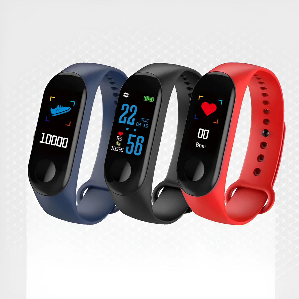M3 smart bracelet with colour screen showing heart rate display on black TPE wristband