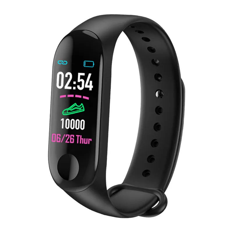 M3 smart bracelet with colour screen showing heart rate display on black TPE wristband