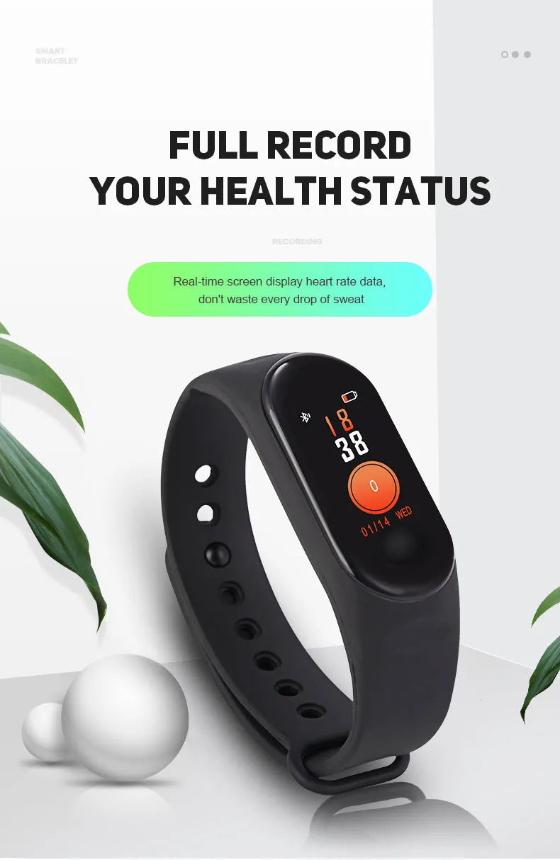M3 smart bracelet with colour screen showing heart rate display on black TPE wristband