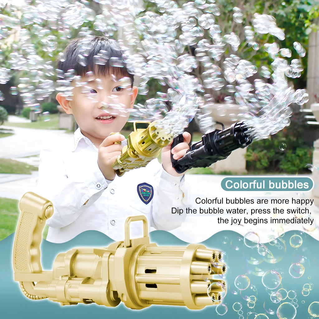 Pink bubble machine gun toy with trigger and bubble attachment on white background