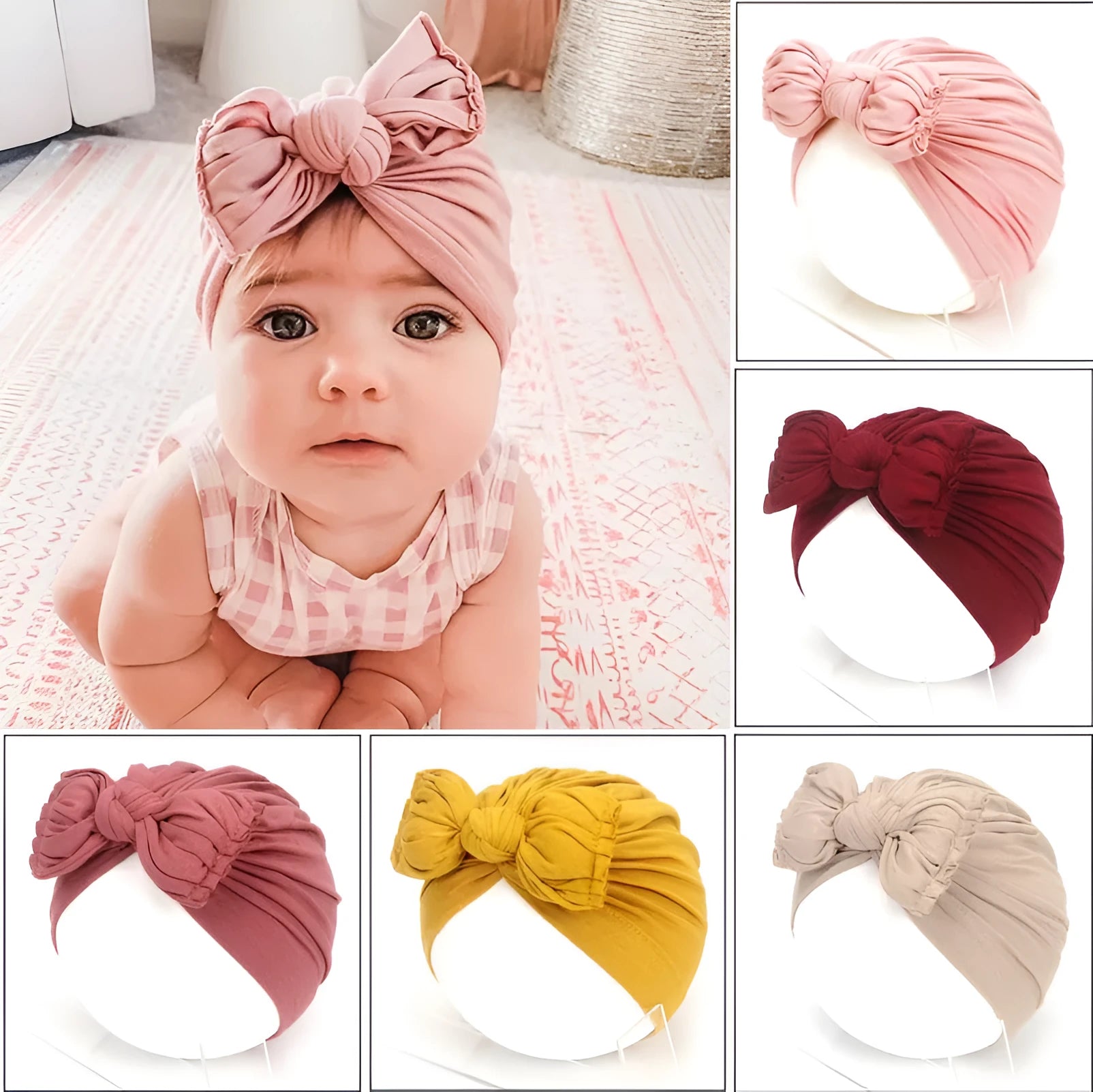 Baby girl turban bonnet headwrap in soft knitted acrylic fabric for 0-28 months