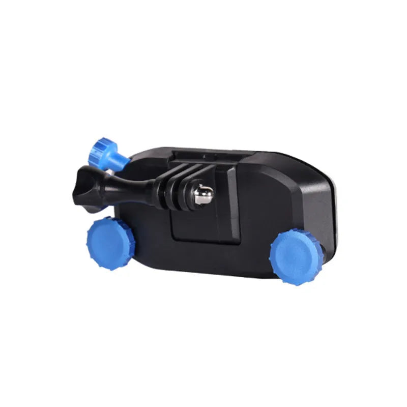 Blue plastic GoPro shoulder strap buckle for mounting action cameras on backpacks