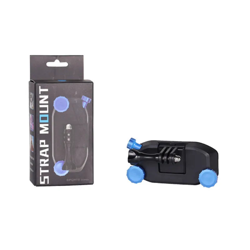 Blue plastic GoPro shoulder strap buckle for mounting action cameras on backpacks