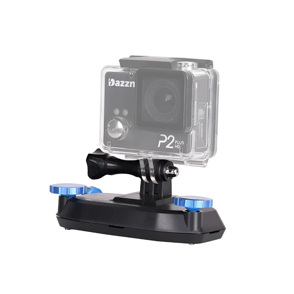 Blue plastic GoPro shoulder strap buckle for mounting action cameras on backpacks