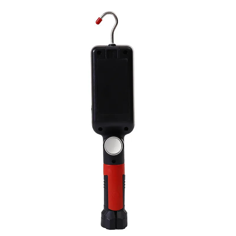 COB rechargeable work light with magnetic hook showing dimensions and USB port