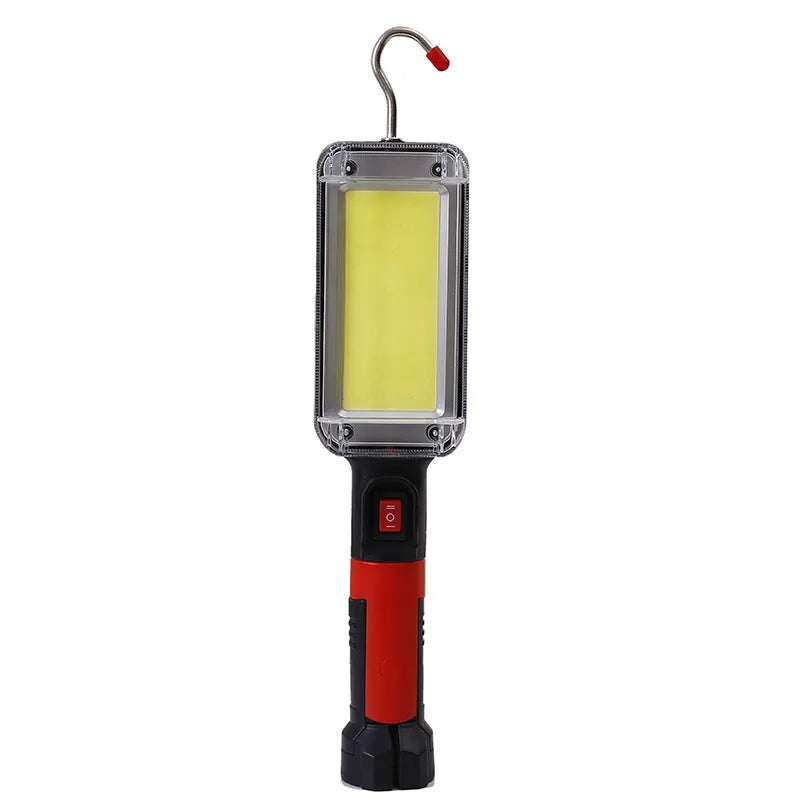 COB rechargeable work light with magnetic hook showing dimensions and USB port