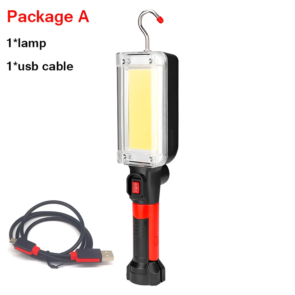 COB rechargeable work light with magnetic hook showing dimensions and USB port