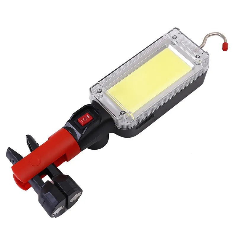 COB rechargeable work light with magnetic hook showing dimensions and USB port