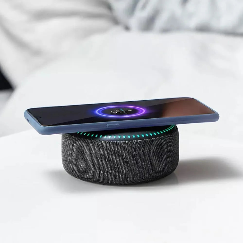 Black 20W Bluetooth speaker with wireless charger and white noise function on desk
