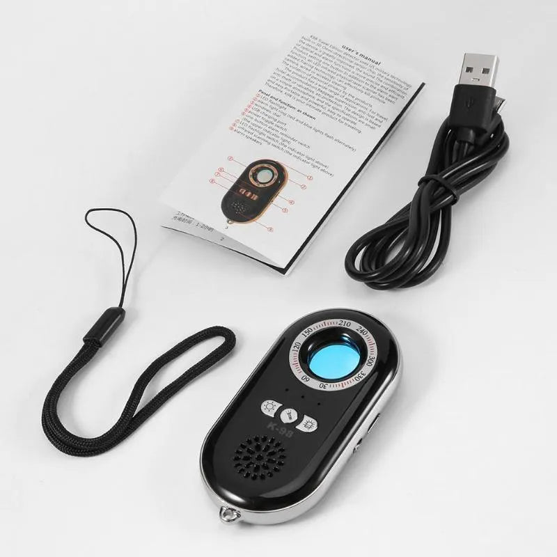 Compact rectangular wireless signal detector measuring 85mm with vibration alarm for travel security