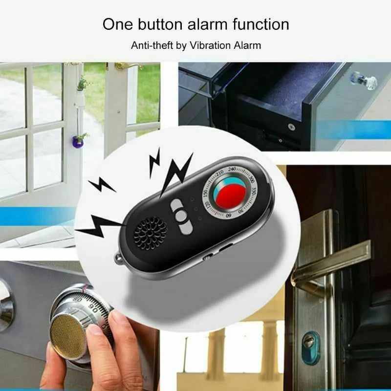 Compact rectangular wireless signal detector measuring 85mm with vibration alarm for travel security