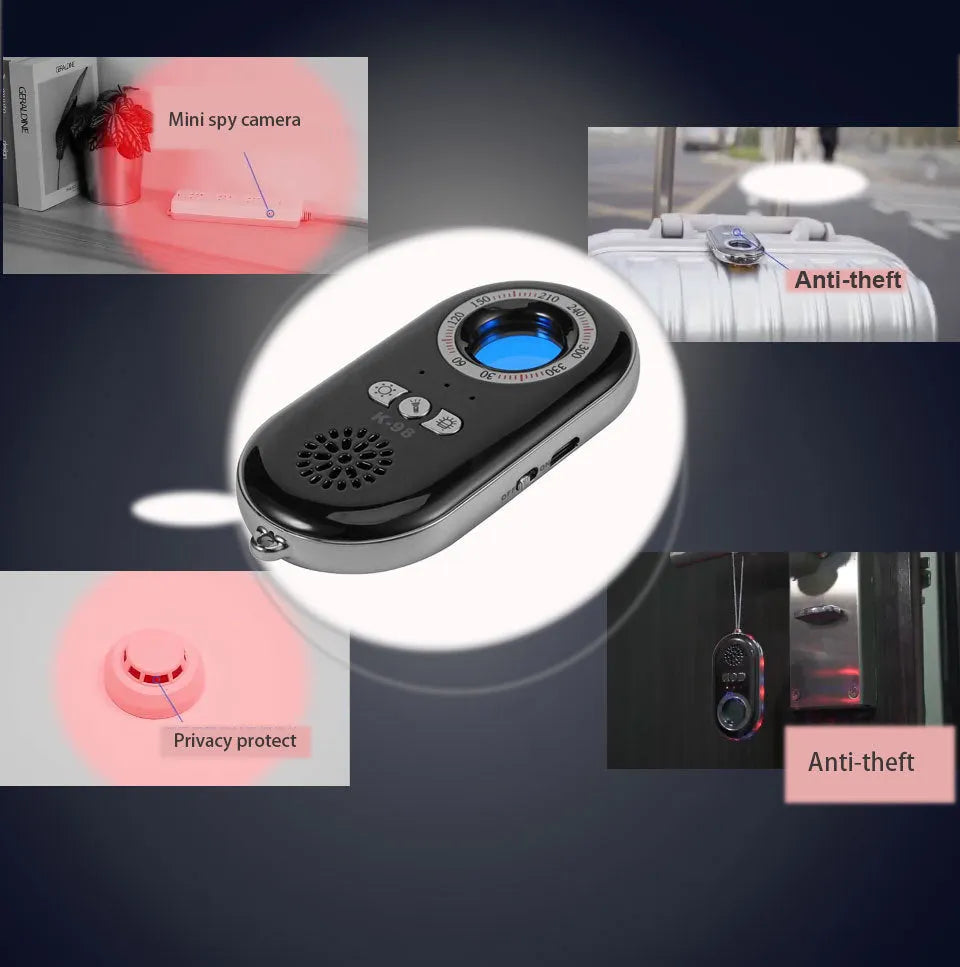 Compact rectangular wireless signal detector measuring 85mm with vibration alarm for travel security