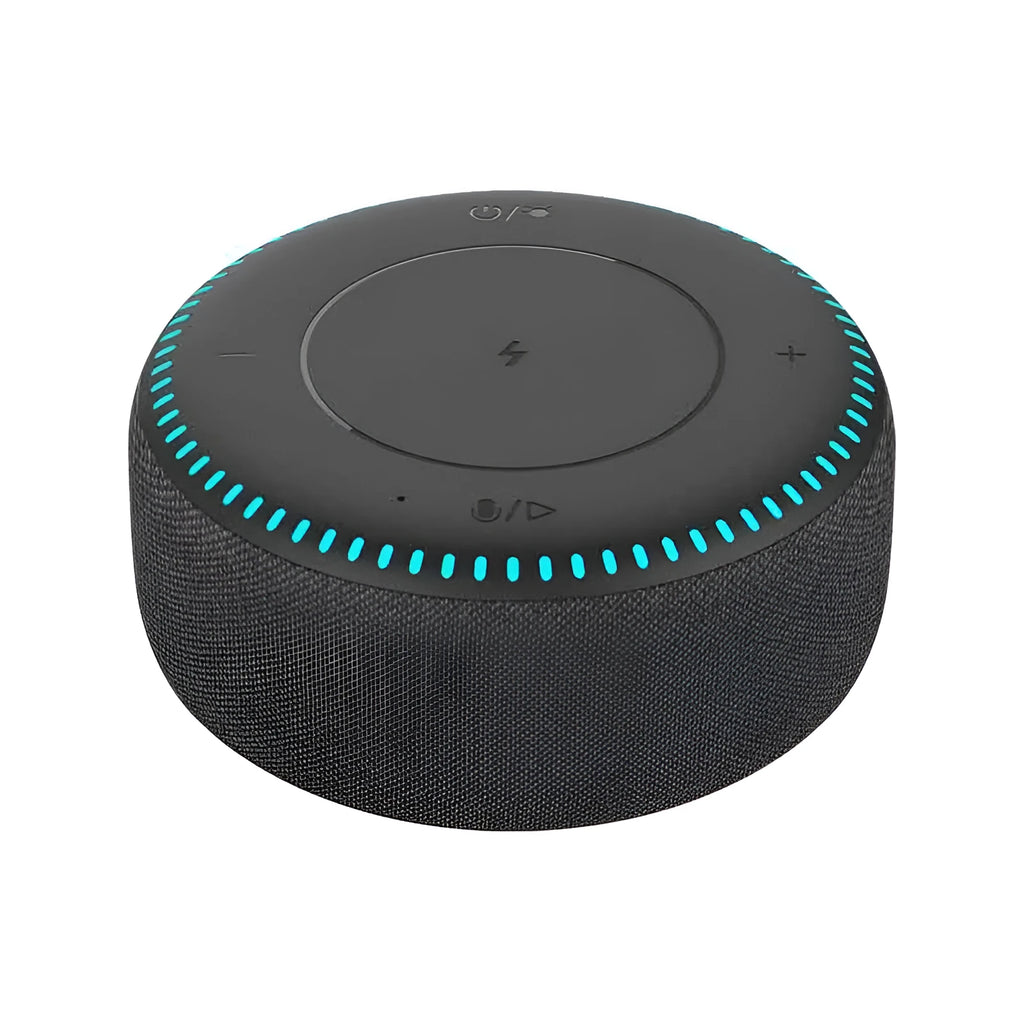 Black 20W Bluetooth speaker with wireless charger and white noise function on desk