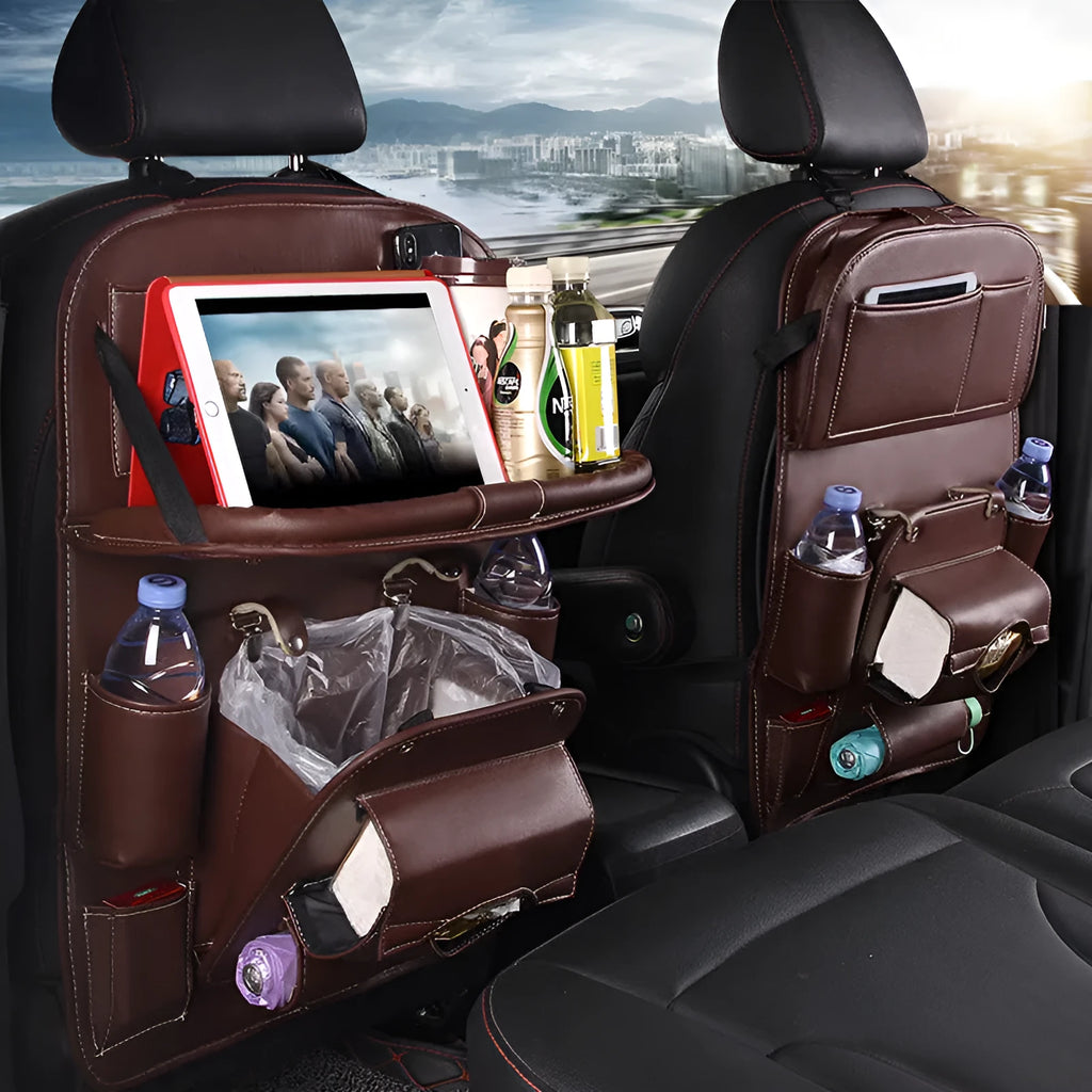 PU leather multifunction car storage hanging bag with multiple pockets on a car seat back.