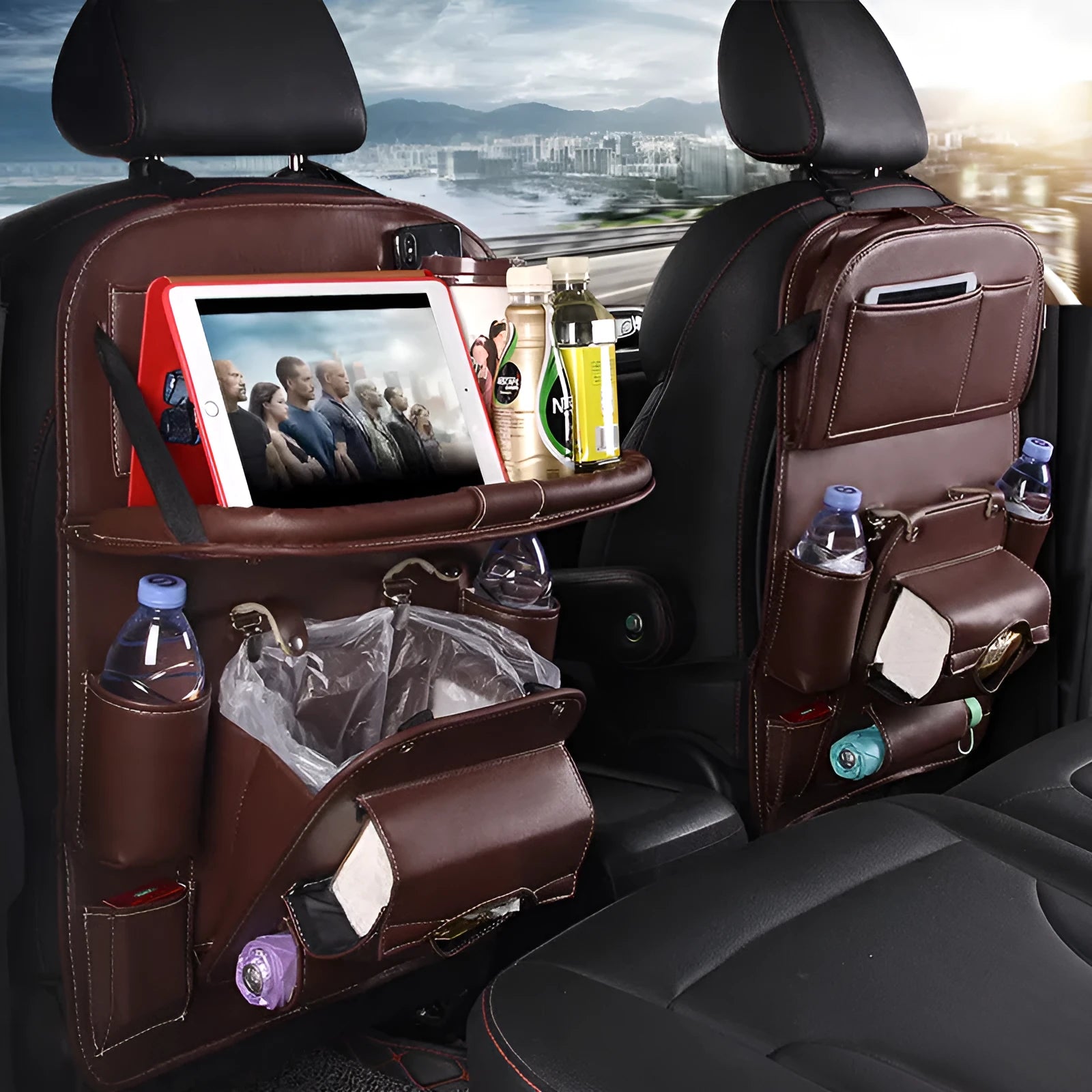 PU leather multifunction car storage hanging bag with multiple pockets on a car seat back.