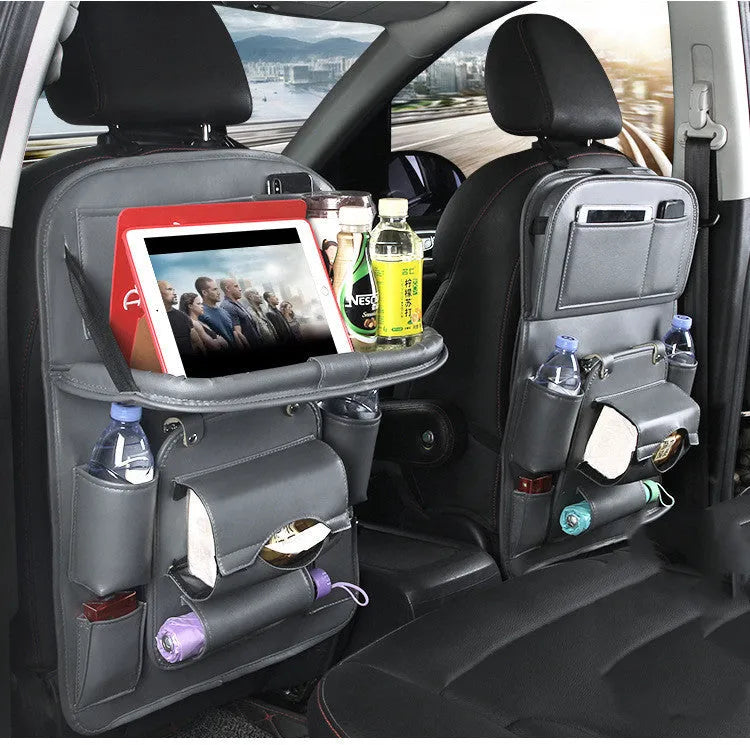 PU leather multifunction car storage hanging bag with multiple pockets on a car seat back.