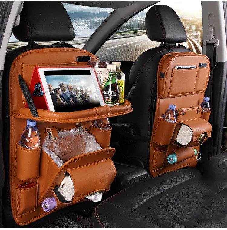 PU leather multifunction car storage hanging bag with multiple pockets on a car seat back.