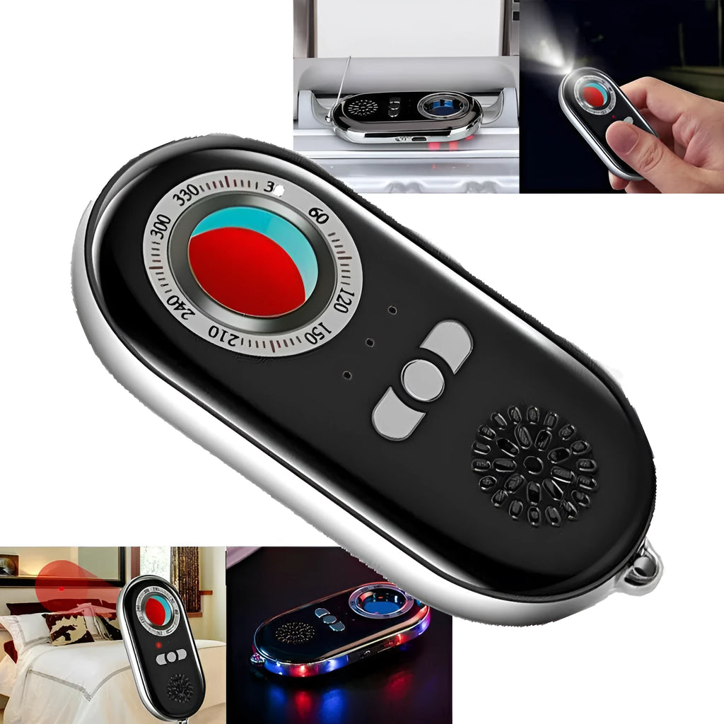 Compact rectangular wireless signal detector measuring 85mm with vibration alarm for travel security