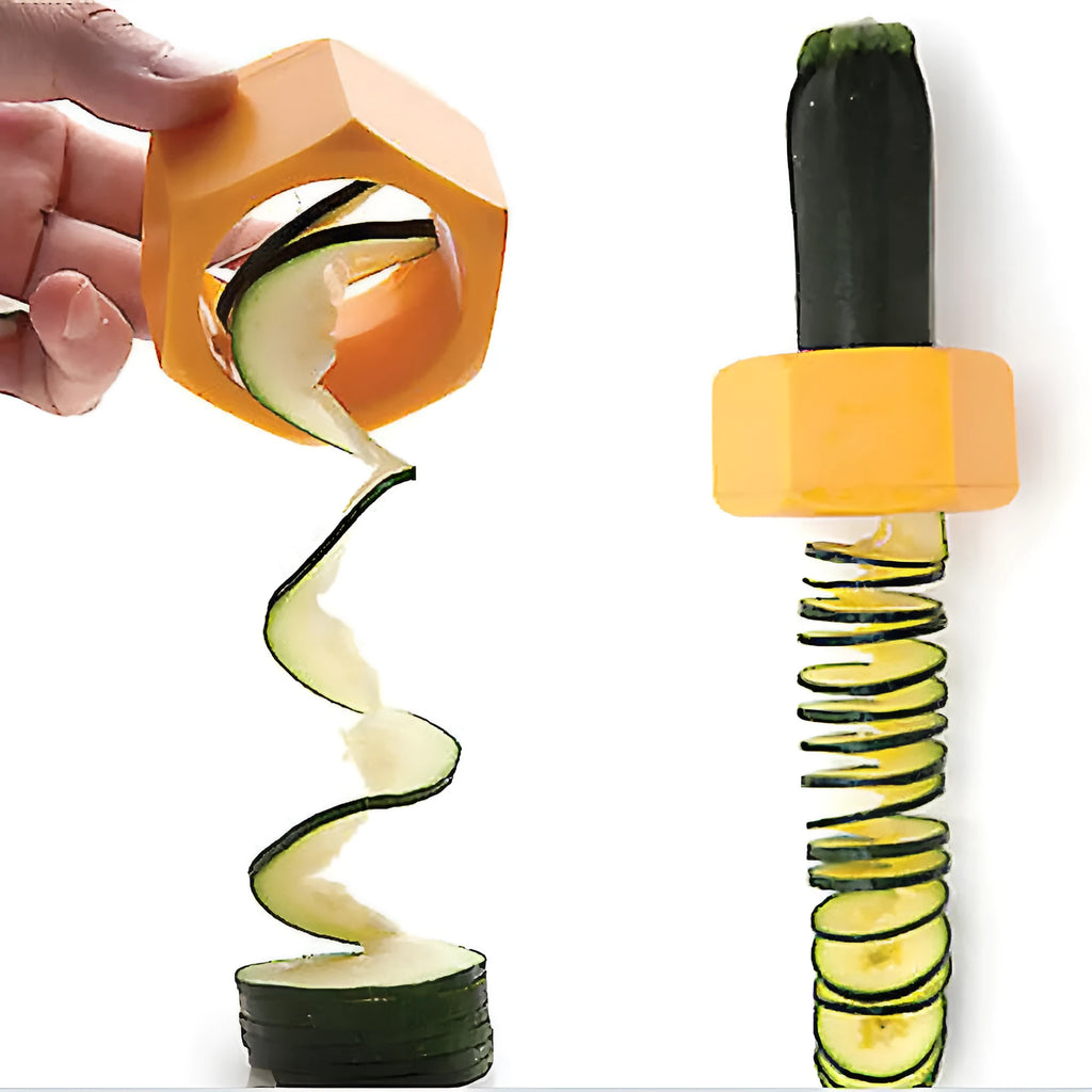 Yellow and green plastic vegetable cutter for spiral slicing cucumbers