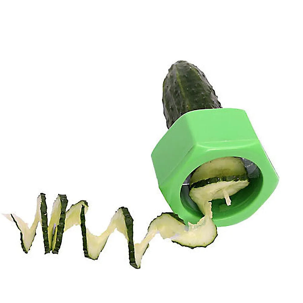 Yellow and green plastic vegetable cutter for spiral slicing cucumbers