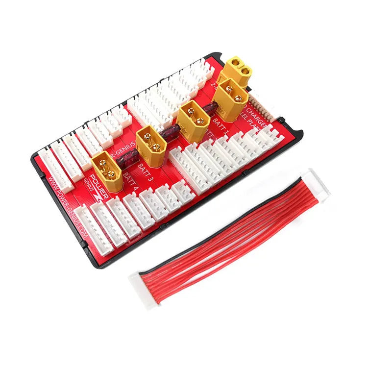 RC parallel balance charger board with four sets of connectors and silicone safety caps.