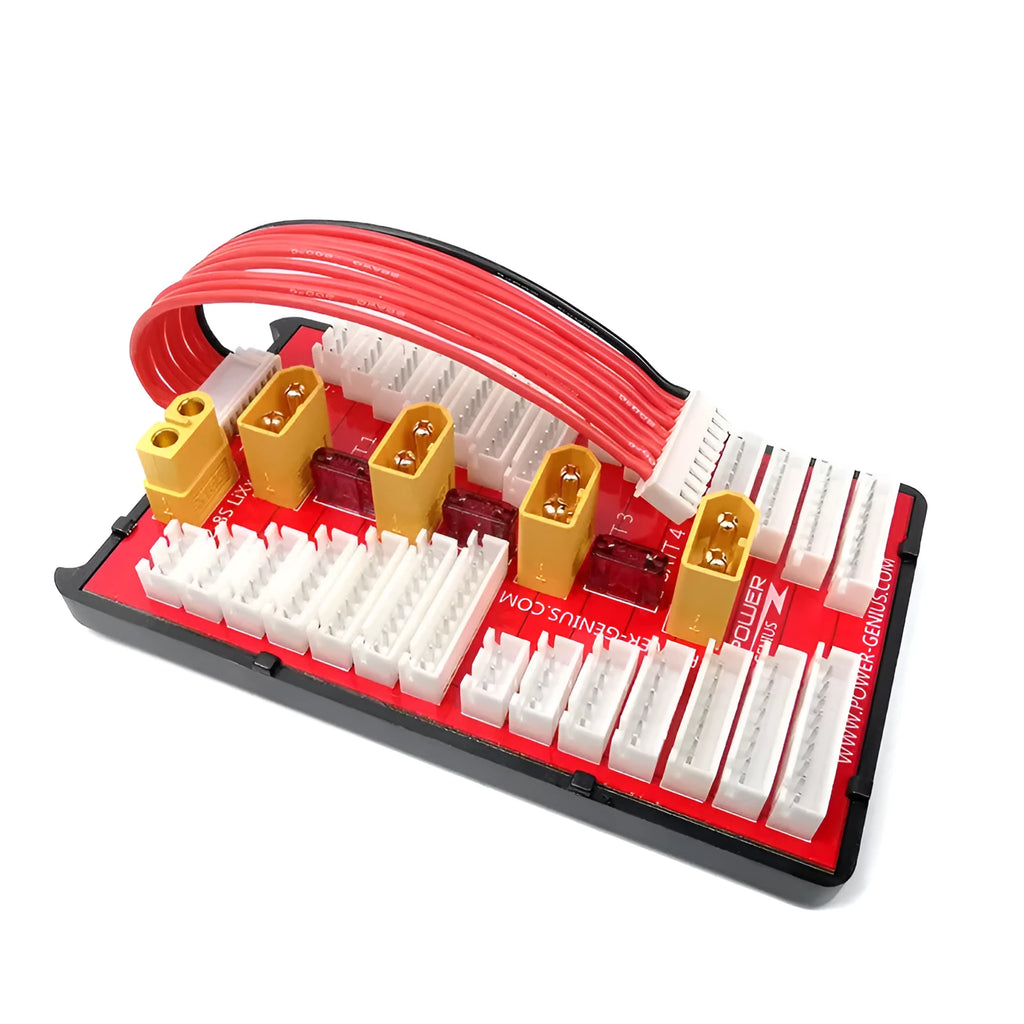 RC parallel balance charger board with four sets of connectors and silicone safety caps.