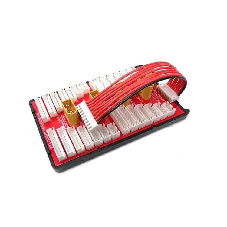 RC parallel balance charger board with four sets of connectors and silicone safety caps.