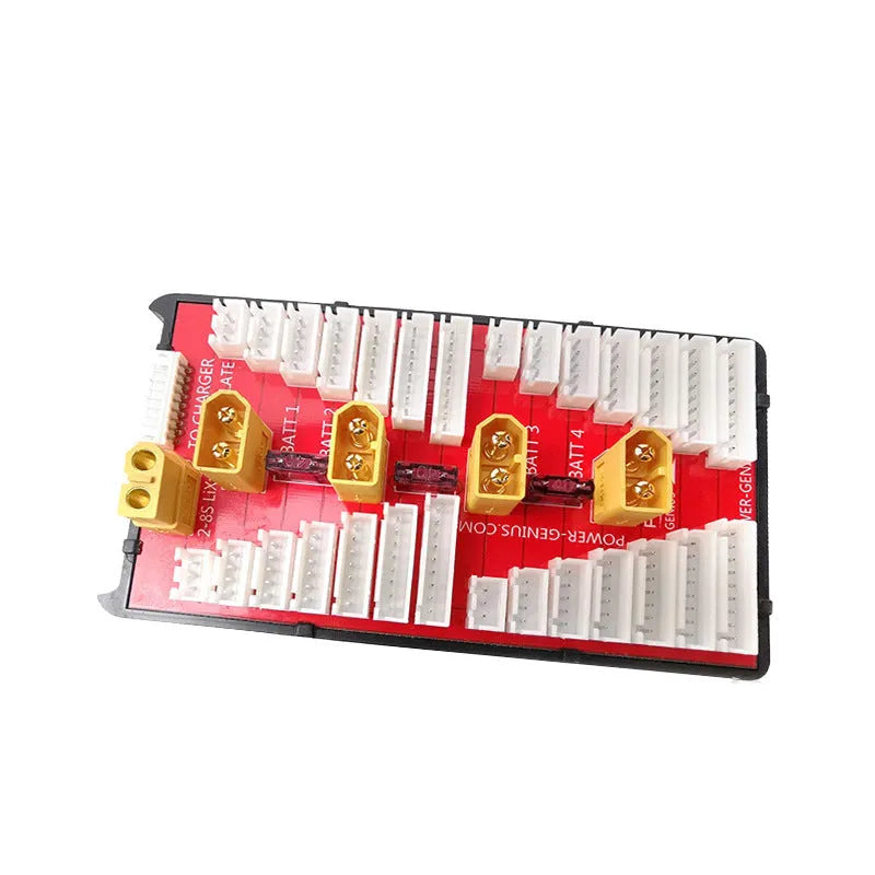 RC parallel balance charger board with four sets of connectors and silicone safety caps.