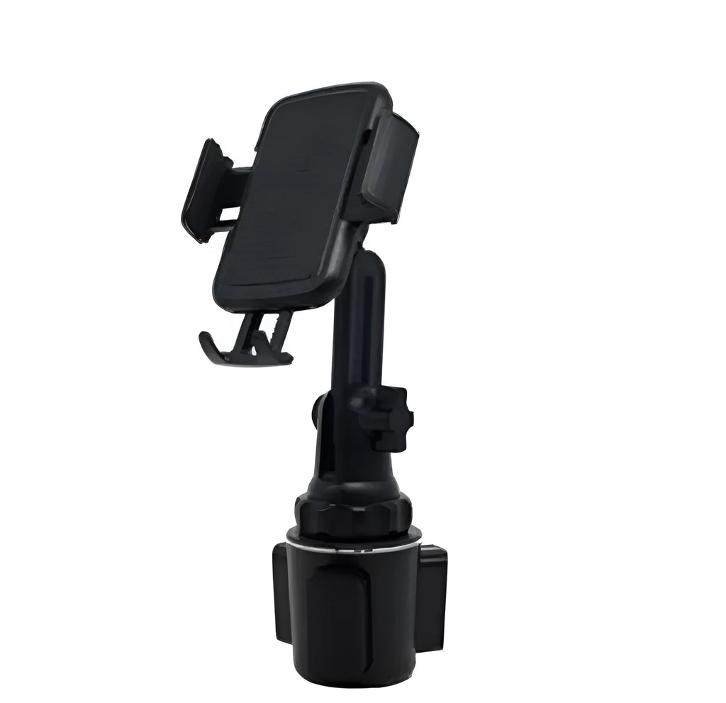 Black ABS car phone holder with 360-degree rotating arm and foam padding for device protection