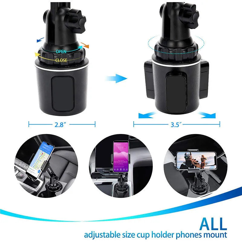 Black ABS car phone holder with 360-degree rotating arm and foam padding for device protection