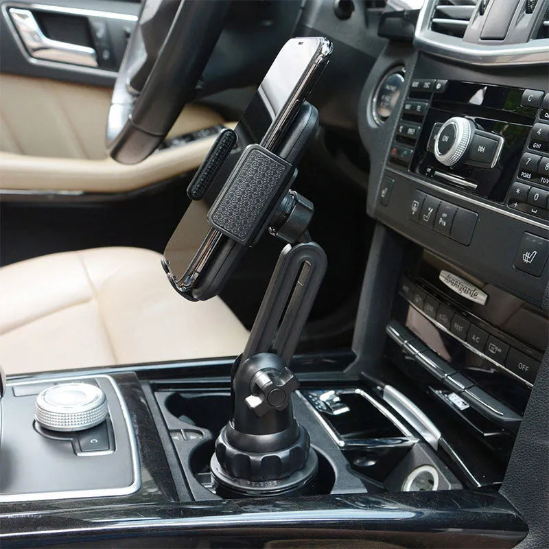 Black ABS car phone holder with 360-degree rotating arm and foam padding for device protection