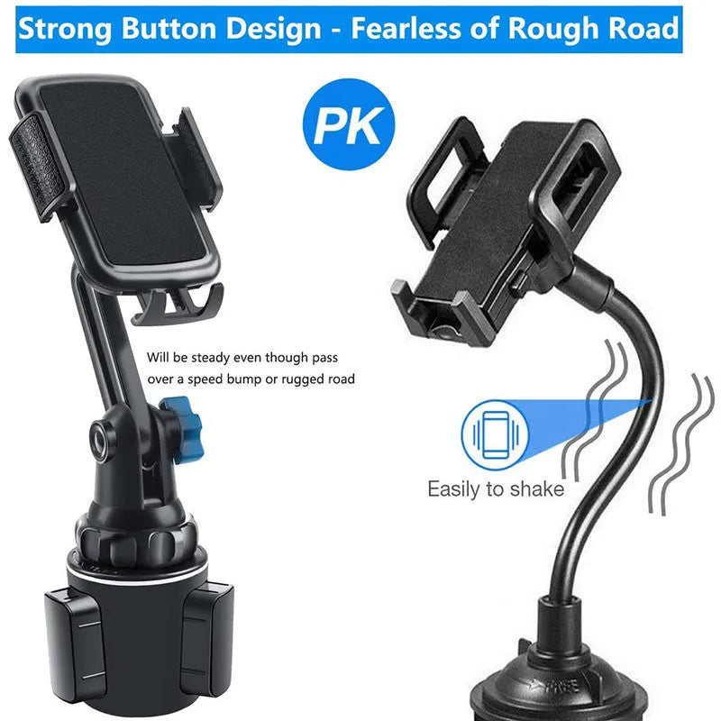 Black ABS car phone holder with 360-degree rotating arm and foam padding for device protection