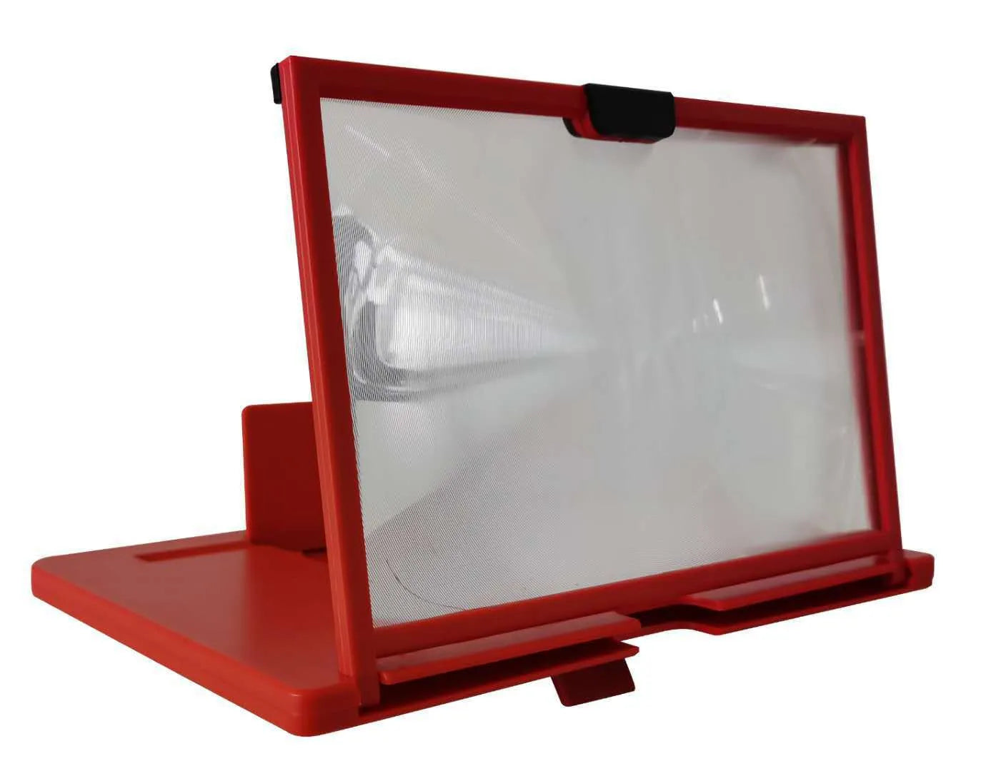 Black mobile phone screen magnifier holder on a desk, showing a phone secured in the bracket with an enlarged screen view.