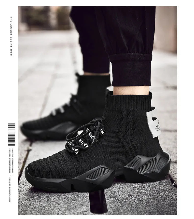 Men's black and white sports casual shoes showing mesh inside and available in sizes UK 39 to 47