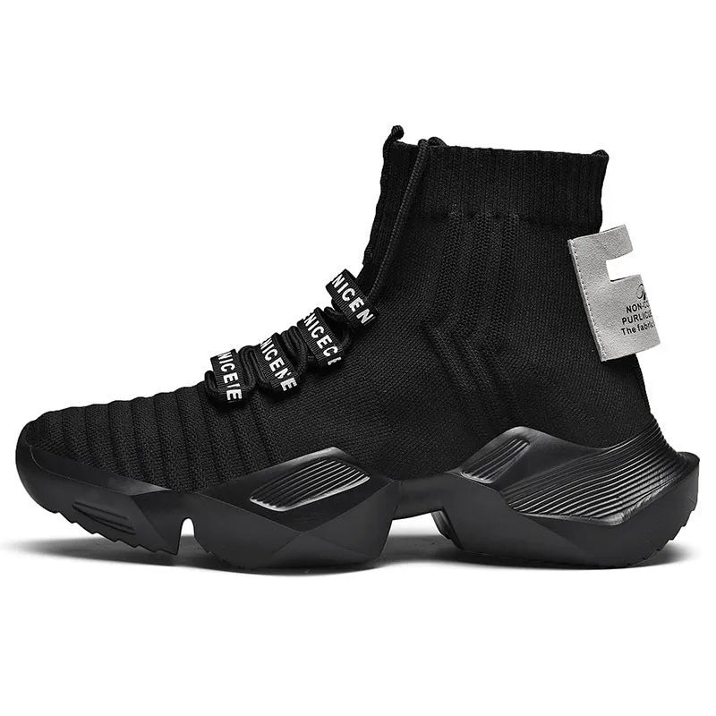 Men's black and white sports casual shoes showing mesh inside and available in sizes UK 39 to 47