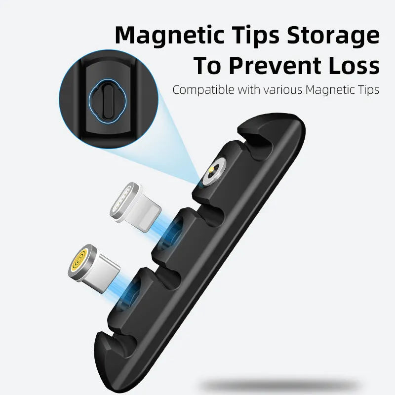 Black soft plastic desktop magnetic cable organiser for charging and data cables