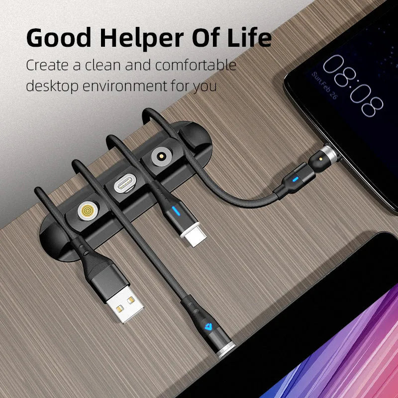Black soft plastic desktop magnetic cable organiser for charging and data cables