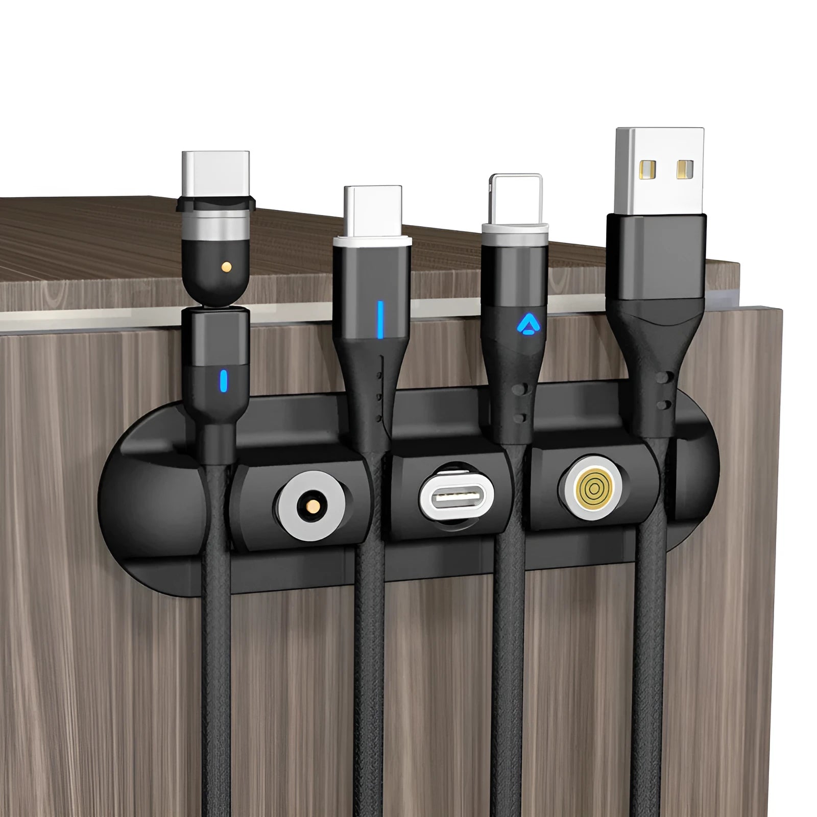 Black soft plastic desktop magnetic cable organiser for charging and data cables
