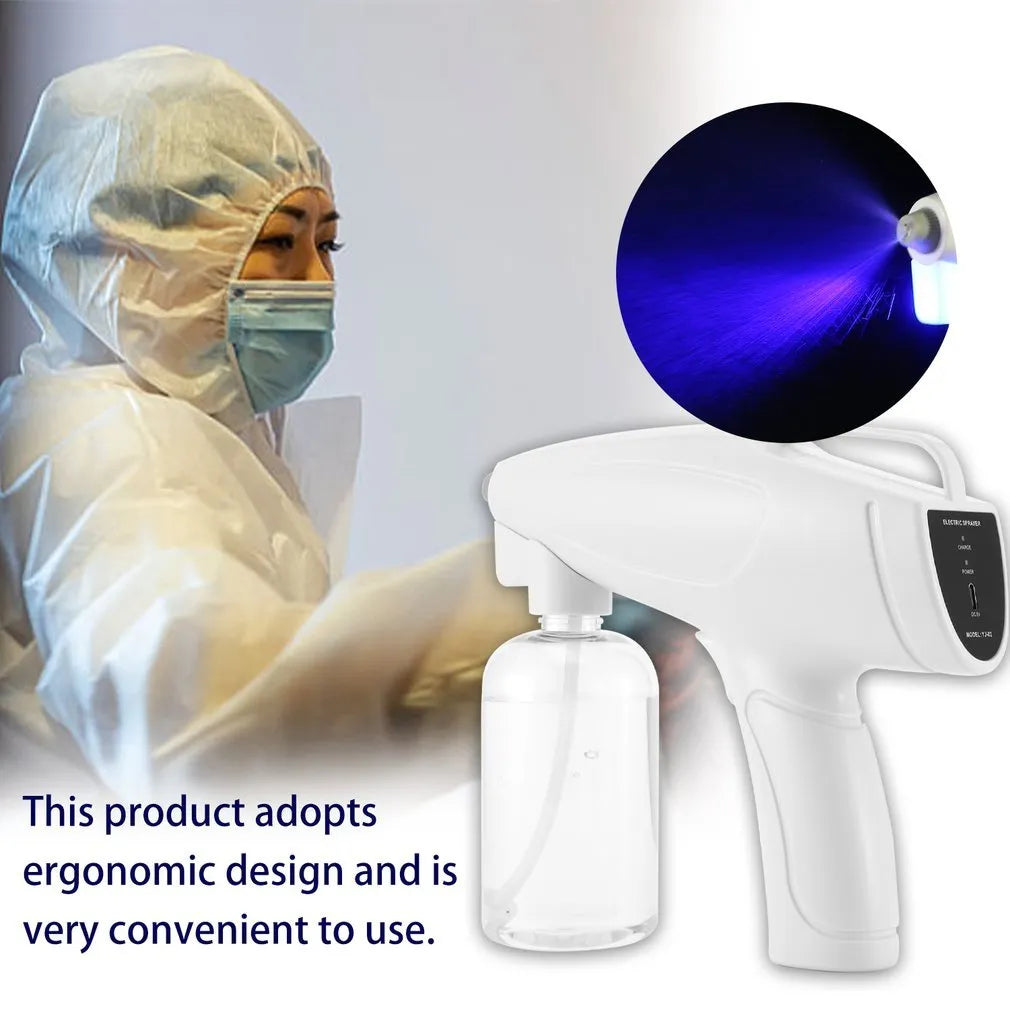 White handheld wireless disinfectant spray gun with USB-C charging port