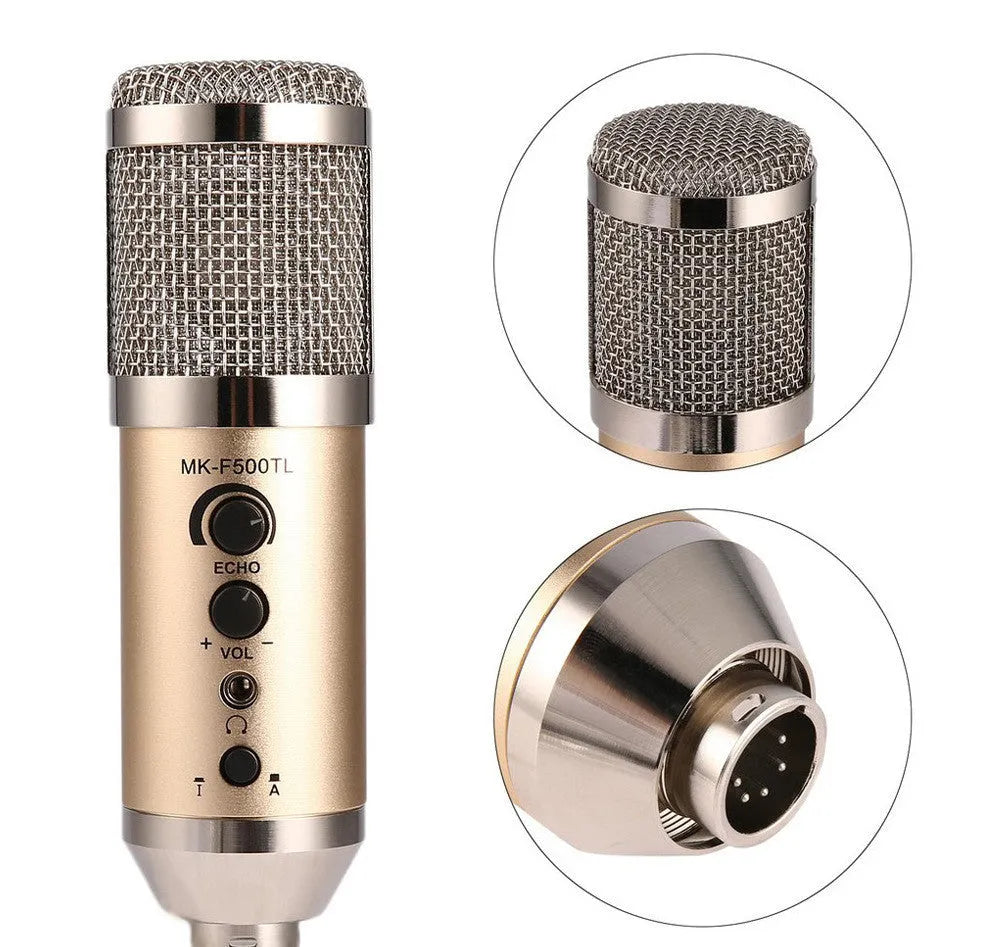 Gold wireless condenser microphone with mounting bracket for mobile phone and computer recording