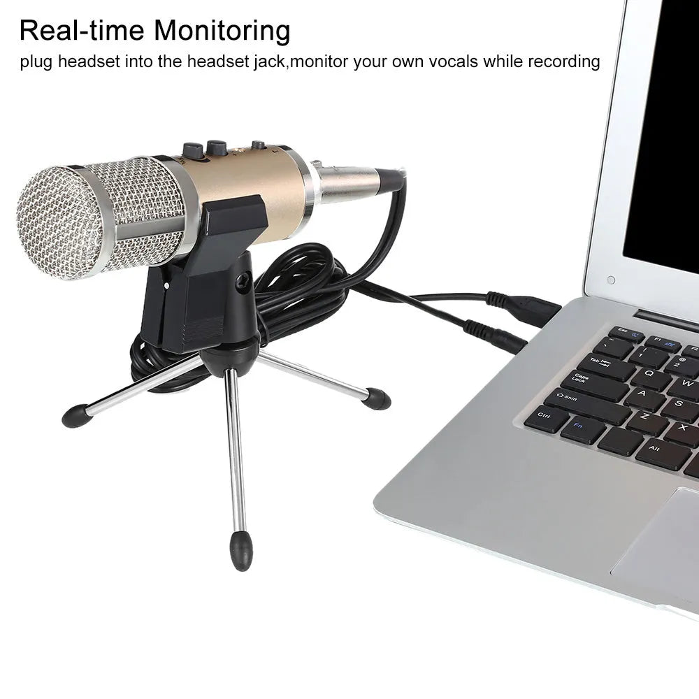 Gold wireless condenser microphone with mounting bracket for mobile phone and computer recording