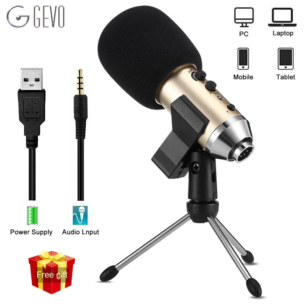 Gold wireless condenser microphone with mounting bracket for mobile phone and computer recording