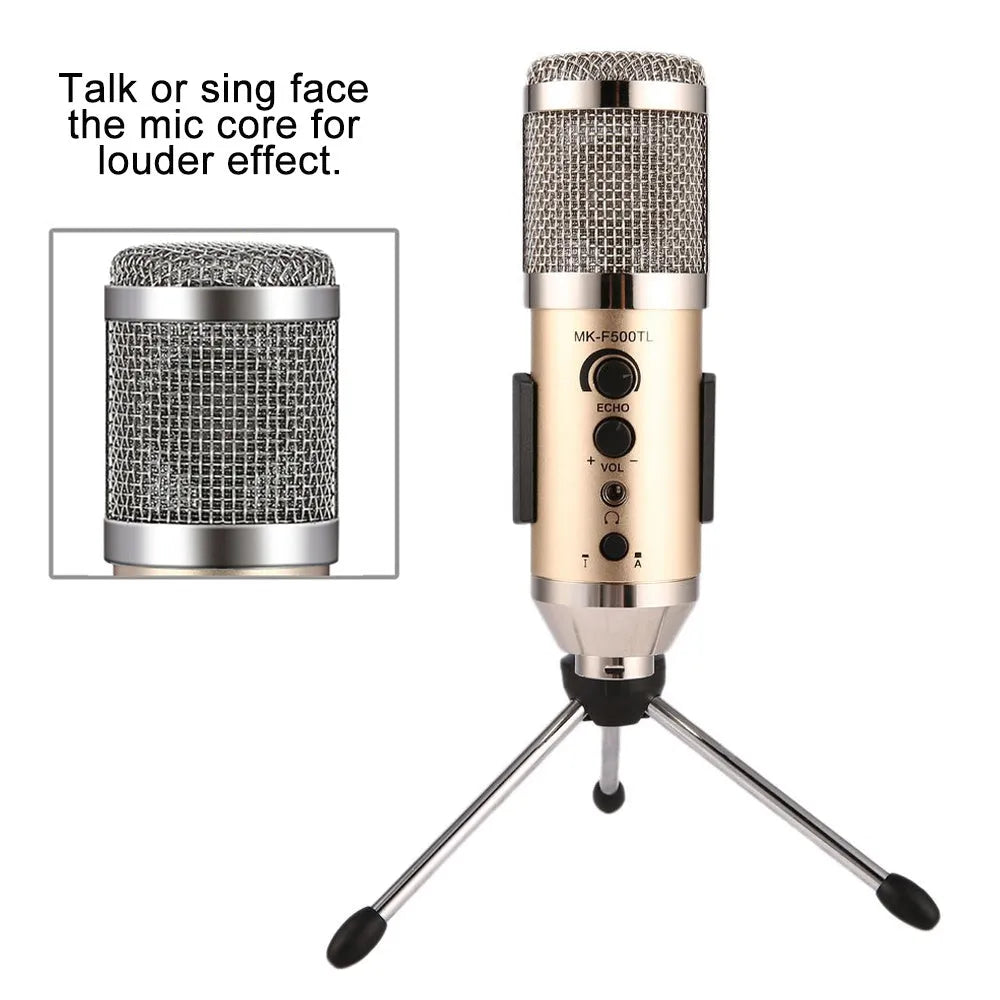 Gold wireless condenser microphone with mounting bracket for mobile phone and computer recording