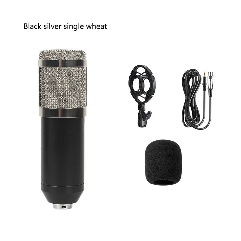 BM800 condenser microphone with V8 sound card, mounting bracket, and accessories for live broadcast setup