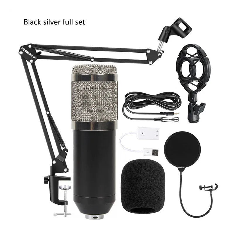 BM800 condenser microphone with V8 sound card, mounting bracket, and accessories for live broadcast setup